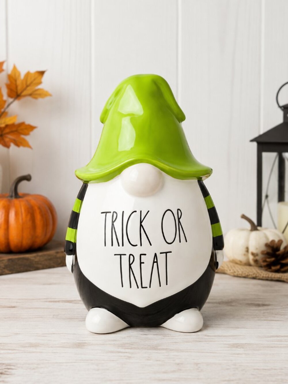 Rae Dunn Trick Or Treat Gnome Ceramic Halloween Decor Green Hat 8x6 NWT